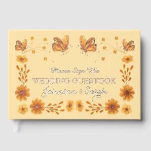 Libro De Visitas Naranja floral Mariposa Boda de acuarela