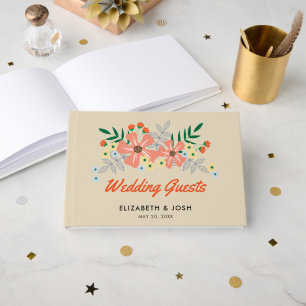 Libro De Visitas Naranja Flores dibujadas a mano, Boda