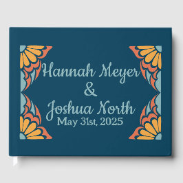 Libro De Visitas Naranja Groovy florece en Boda azul profundo