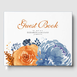 Libro De Visitas Naranja quemado azul de la marina Boda floral oto