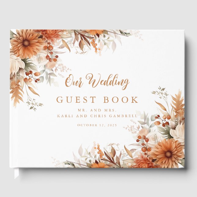 Libro De Visitas Naranja quemado caligrafía Boda floral otoño (Anverso)