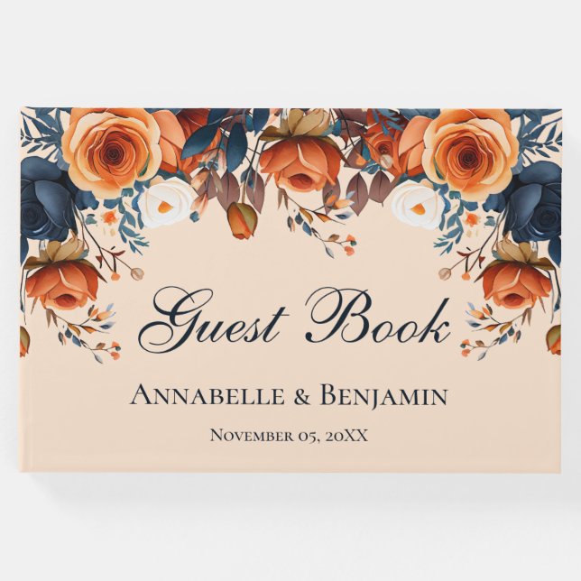 Libro De Visitas Naranja Rústico Quemado y Boda Azul (Anverso)