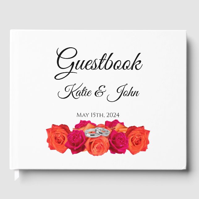 Libro De Visitas Naranja y flores rosadas y Boda Brillante- (Anverso)