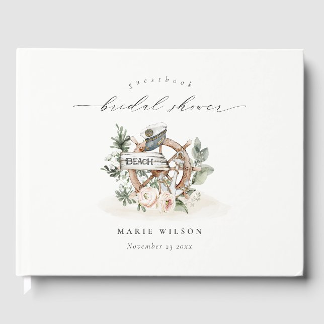 Libro De Visitas Nautical Anchor Wheel Leafy Floral Bridal Shower (Anverso)