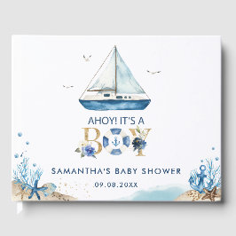 Libro De Visitas Nautical Blue Boat Ahoy es un chico de Baby Shower