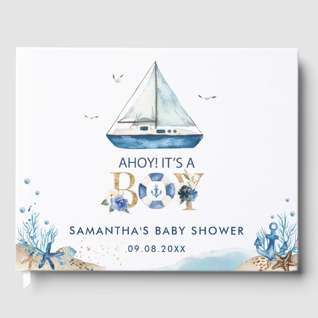 Libro De Visitas Nautical Blue Boat Ahoy es un chico de Baby Shower (Anverso)
