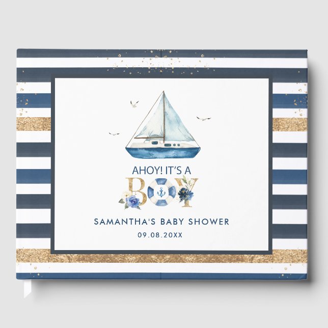 Libro De Visitas Nautical Blue Boat Ahoy es un niño Baby Shower (Anverso)