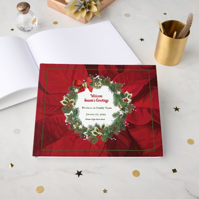 Libro De Visitas Navidades Personalizado de la poinsettia roja (Anverso Abierto)
