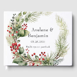 Libro De Visitas Navidades Red Berries Pine Needles Wreath Boda