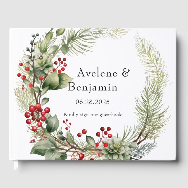 Libro De Visitas Navidades Red Berries Pine Needles Wreath Boda (Anverso)