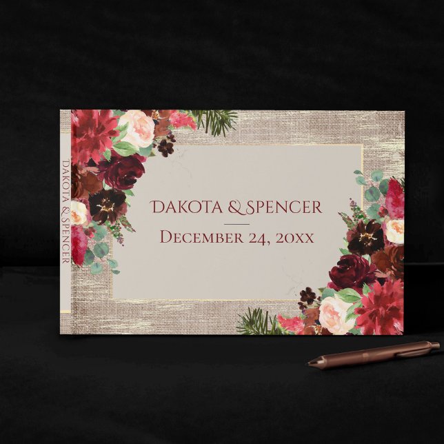 Libro De Visitas Navidades Rústico Boho Floral Burgundy Gold Burlap (Subido por el creador)