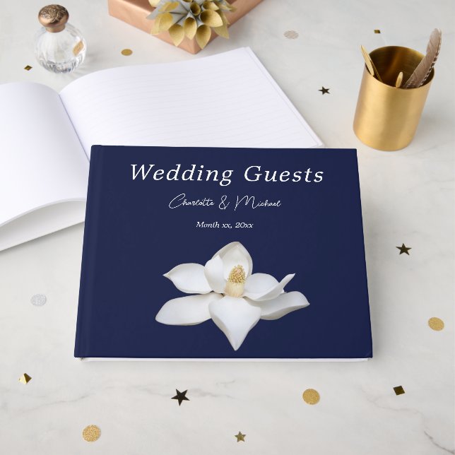 Libro De Visitas Navy and White Magnolia Elegant Wedding (Anverso Abierto)