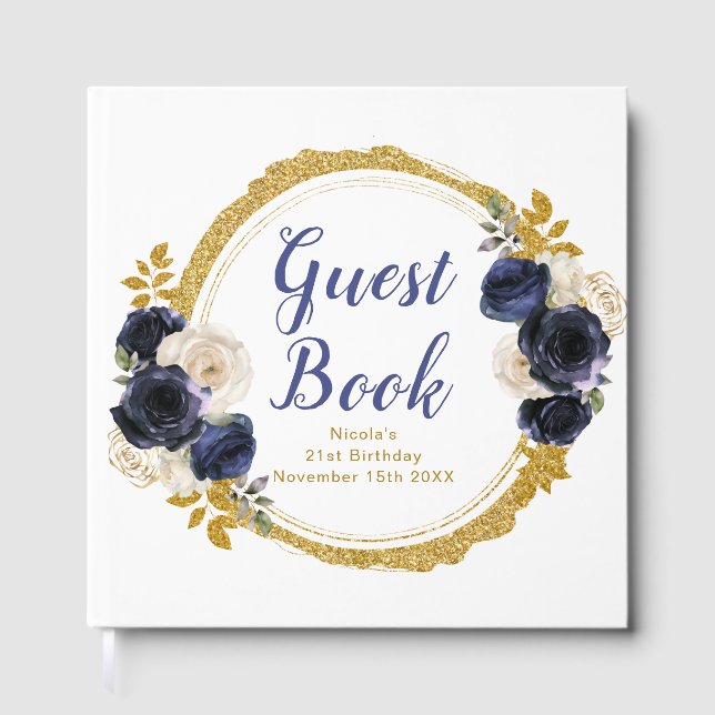 Libro De Visitas Navy Blue and Gold Elegant Flowers Birthday Party (Anverso)