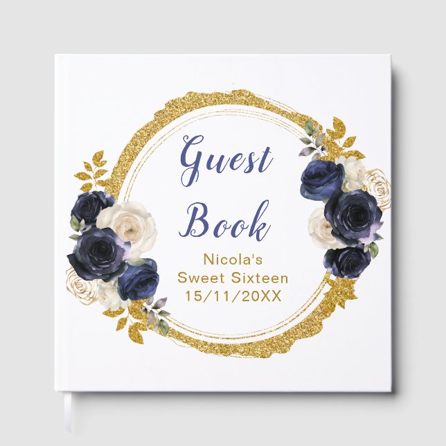 Libro De Visitas Navy Blue and Gold Elegant Flowers Sweet Sixteen (Anverso)