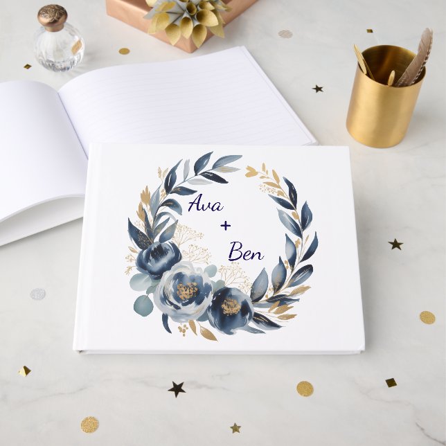 Libro De Visitas Navy Blue and Gold Peony Flower Wedding (Anverso Abierto)