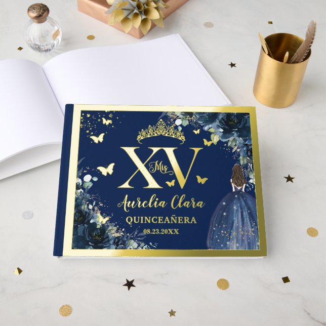 Libro De Visitas Navy Blue Floral Quinceañera Quince XV 15 Gold (Anverso Abierto)