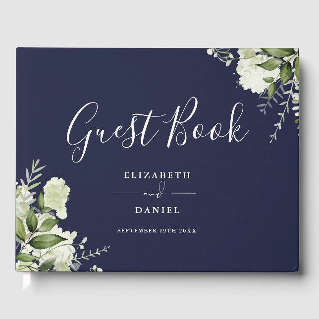 Libro De Visitas Navy Blue Greenery Floral Photo Wedding (Anverso)