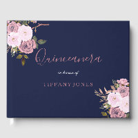 Libro de visitas Navy Blue & Rosa Gold Floral Quin