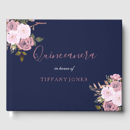 Libro de visitas Navy Blue & Rosa Gold Floral Quin