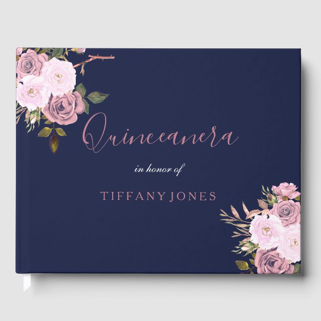 Libro de visitas Navy Blue & Rosa Gold Floral Quin (Anverso)