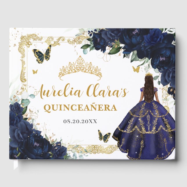 Libro De Visitas Navy Blue Roses Floral Princess Gold Quinceanera (Anverso)