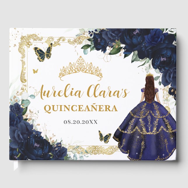 Libro De Visitas Navy Blue Roses Floral Princess Gold Quinceanera  (Anverso)