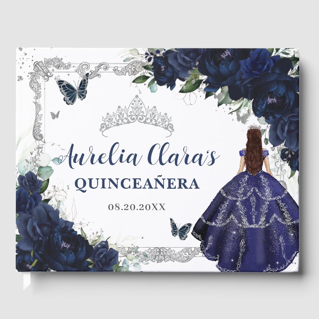 Libro De Visitas Navy Blue Roses Floral Princess Quinceañera 15 16 (Anverso)
