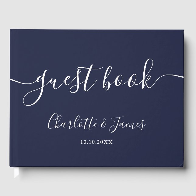 Libro De Visitas Navy Blue Signature Script Photo Wedding (Anverso)