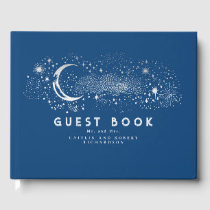 Libro De Visitas Navy Blue Stars Moon Night Sky Boda Guest Book