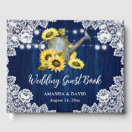 Libro De Visitas Navy Blue Sunflower Wood Waters Can Boda