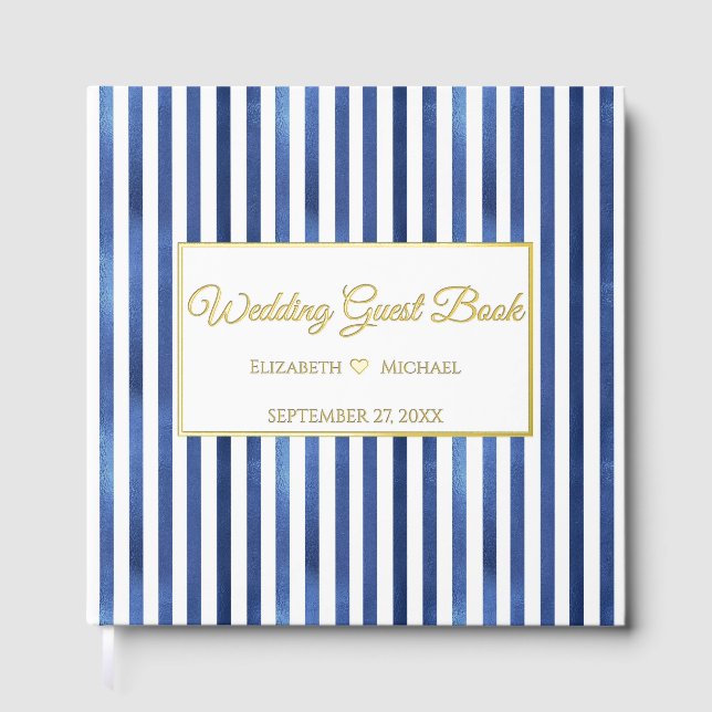 Libro De Visitas Navy Blue & White Stripes Coastal Nautical Design (Anverso)
