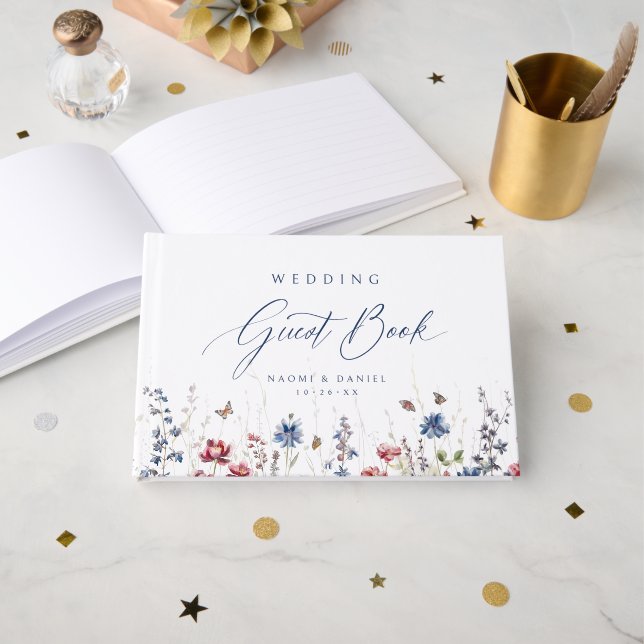 Libro De Visitas Navy Blue Wildflower Field Rustic Wedding (Anverso Abierto)