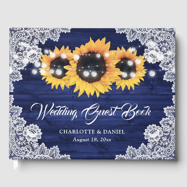 Libro De Visitas Navy Blue Wood Floral Lace Sunflower Wedding (Anverso)