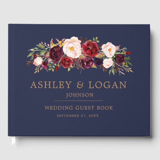 Libro De Visitas Navy Marsala Floral Elegant Wedding Guest Book (Anverso)