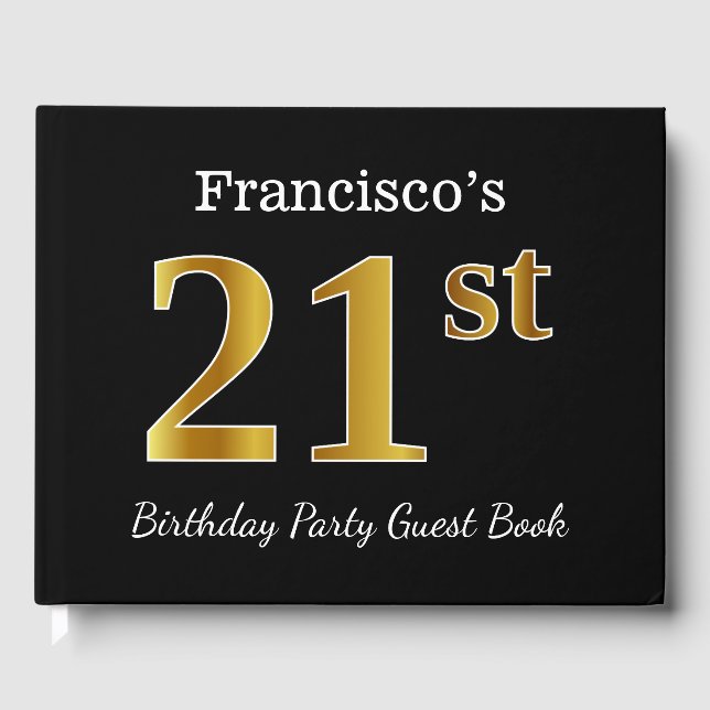 Libro De Visitas Negro, Faux Gold 21st Birthday Fiesta + Nombre per (Anverso)