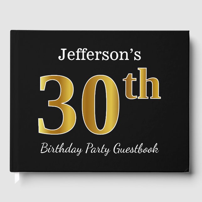 Libro De Visitas Negro, Faux Gold 30 Fiesta de cumpleaños + Nombre  (Anverso)