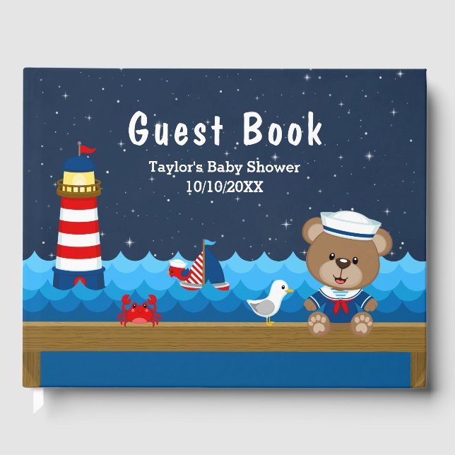 Libro De Visitas Niño Náutico con Baby Shower rojo y naval (Anverso)