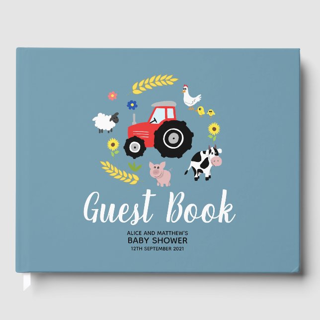 Libro De Visitas Niños Cute Rustic Farm Animals Tractor Baby Shower (Anverso)