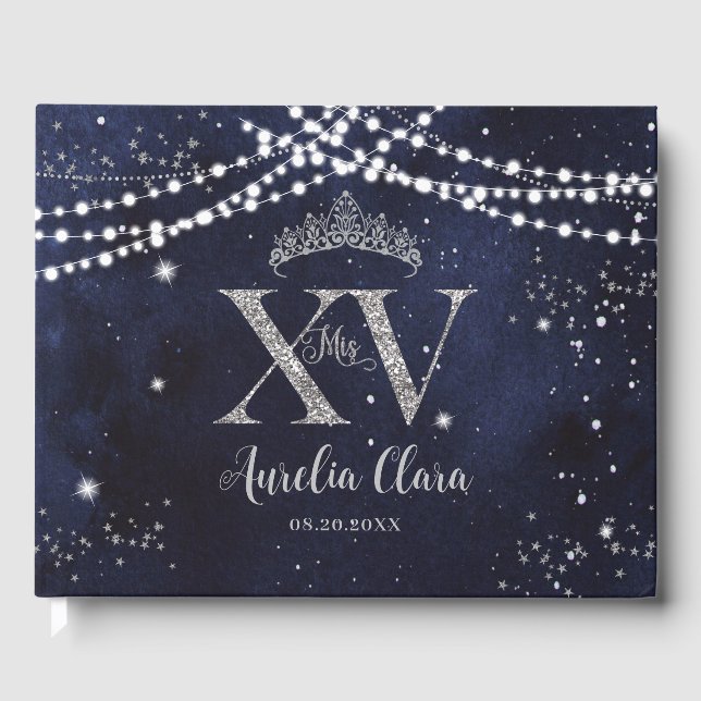 Libro De Visitas Noche Starry Navy Plata Azul Quinceañera Cumpleaño (Anverso)