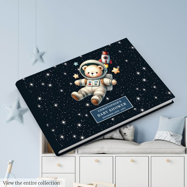 Libro De Visitas Nombre personalizado Teddy Bear Astronauta Boy Bab (Custom Name Teddy Bear Astronaut Boy Baby Shower Guest Book)