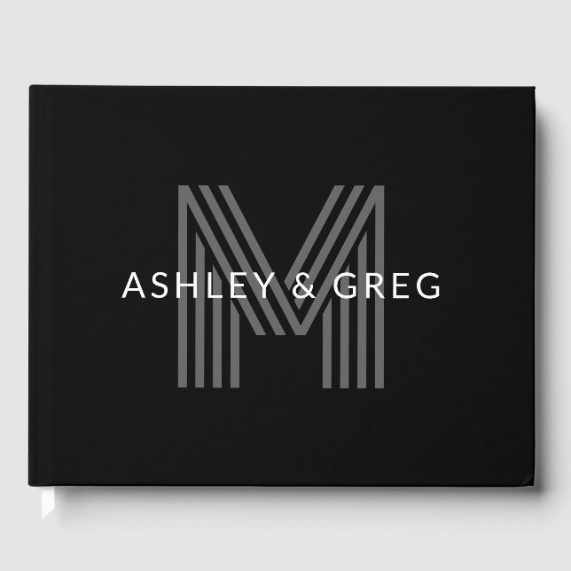 Libro De Visitas Nombre Retro Moderno Editable Monograma Negro & Gr (Anverso)