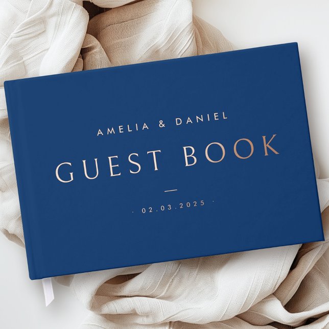 Libro De Visitas Nombres bodas modernos y fecha azul oscuro real (Modern wedding names and date dark blue real foil guest book)