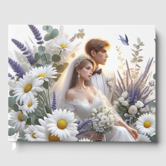 Libro De Visitas Novia y Groom con daisies, Lavender (Anverso)