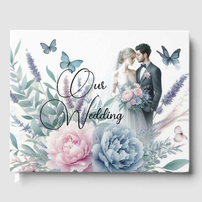 Libro De Visitas Novia y novio con peonías, lavanda (Anverso)