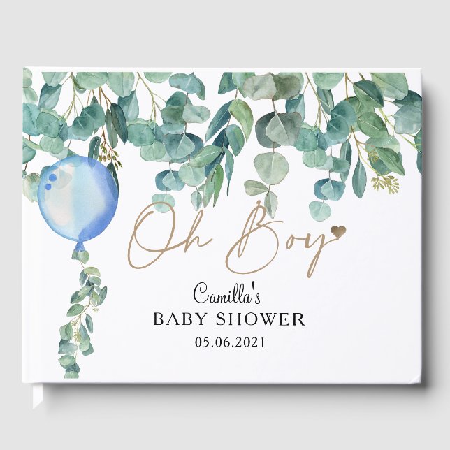 Libro De Visitas Oh Boy Eucalyptus Blue Balloon Baby Shower (Anverso)