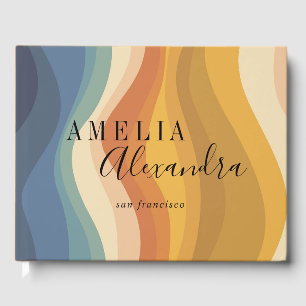 Libro De Visitas Ola Retro Arcoíris Terroso Boho Negocios Amarillo