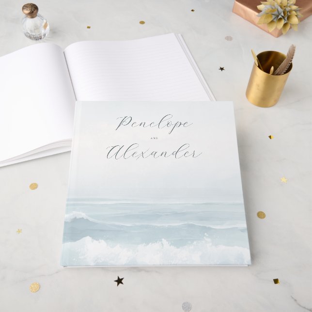 Libro De Visitas Olas de océano de acuarela azul serena (Anverso Abierto)