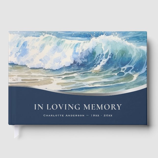 Libro De Visitas Olas Onduladas Azul Funeral Plateado (Anverso)