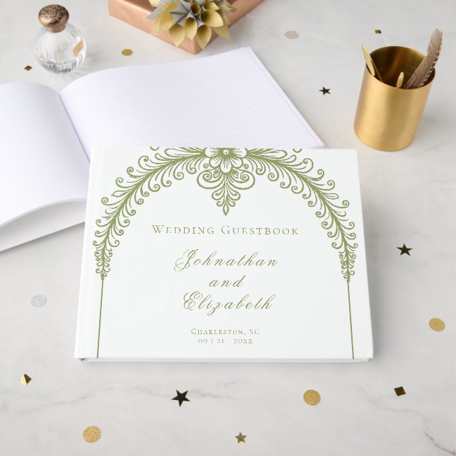 Libro De Visitas Olive Green French Flourish Arch Wedding (Anverso Abierto)
