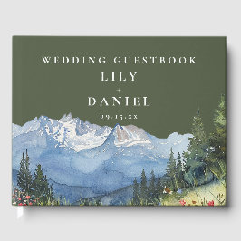 Libro De Visitas Olive Green Watercolor Mountain Wedding Photo